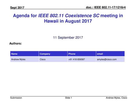 Agenda for IEEE Coexistence SC meeting in Hawaii in August 2017