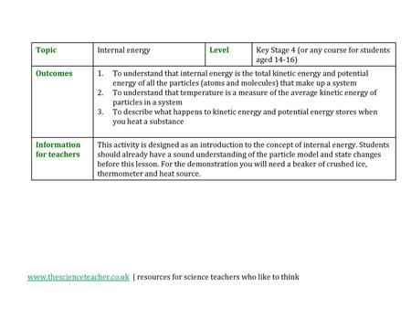 Topic Internal energy Level
