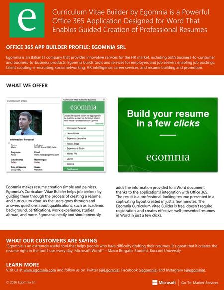 Curriculum Vitae Builder by Egomnia is a Powerful Office 365 Application Designed for Word That Enables Guided Creation of Professional Resumes OFFICE.