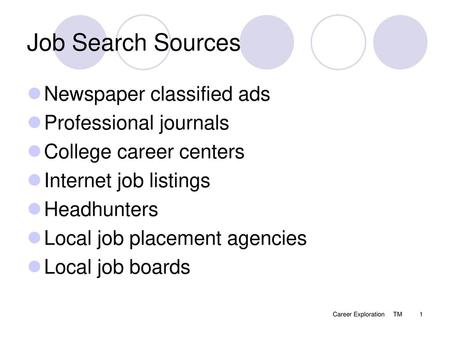 Job Search Sources Newspaper classified ads Professional journals