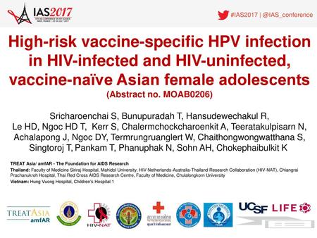 High-risk vaccine-specific HPV infection in HIV-infected and HIV-uninfected, vaccine-naïve Asian female adolescents (Abstract no. MOAB0206) Sricharoenchai.