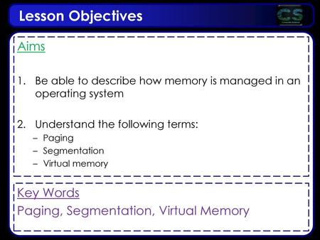 Lesson Objectives Aims Key Words Paging, Segmentation, Virtual Memory