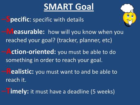 SMART Goal Specific: specific with details