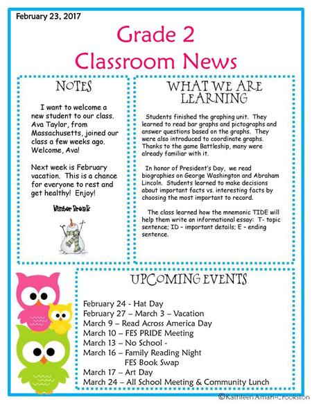 Grade 2 Classroom News February 23, 2017 February 24 - Hat Day
