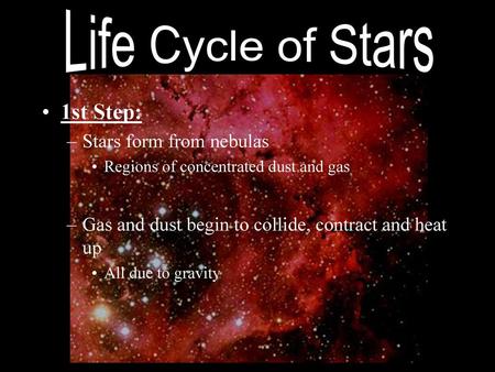 Life Cycle of Stars 1st Step: Stars form from nebulas