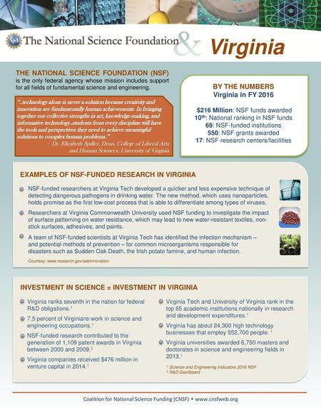 Virginia THE NATIONAL SCIENCE FOUNDATION (NSF) is the only federal agency whose mission includes support for all fields of fundamental science and engineering.