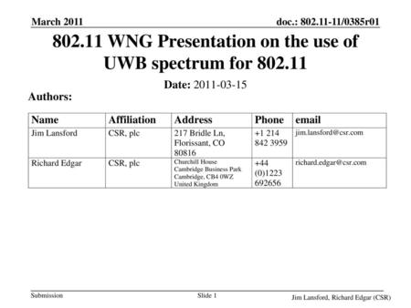 WNG Presentation on the use of UWB spectrum for