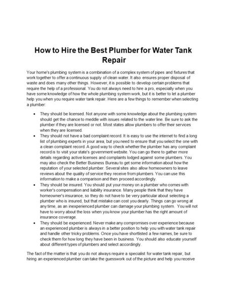 How to Hire the Best Plumber for Water Tank Repair