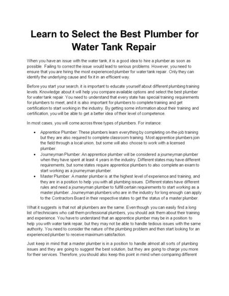 Learn to Select the Best Plumber for Water Tank Repair
