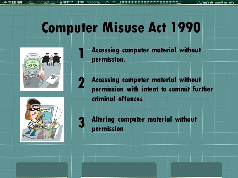 Computer Misuse Act 1990 Altering computer material without permission  Accessing computer material without permission with intent to commit  further criminal. - ppt download