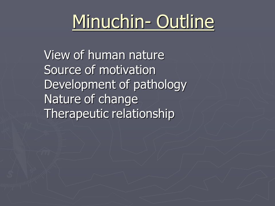 Minuchin- Outline View of human nature Source of motivation Development of  pathology Nature of change Therapeutic relationship. - ppt video online  download