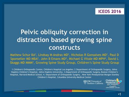ICEOS 2016 Pelvic obliquity correction in distraction based growing spine constructs Mathew Schur BA1, Lindsay M Andras MD1, Nicholas R Gonsalves MD1,