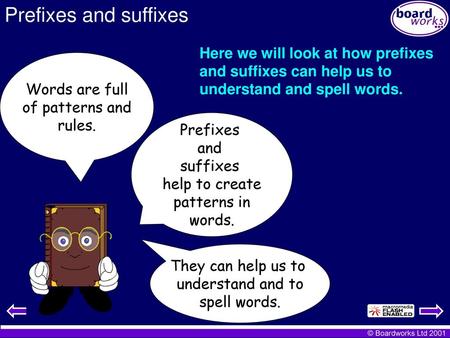 Prefixes and suffixes Here we will look at how prefixes and suffixes can help us to understand and spell words. Words are full of patterns and rules. Prefixes.
