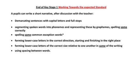 End of Key Stage 1 Working Towards the expected Standard