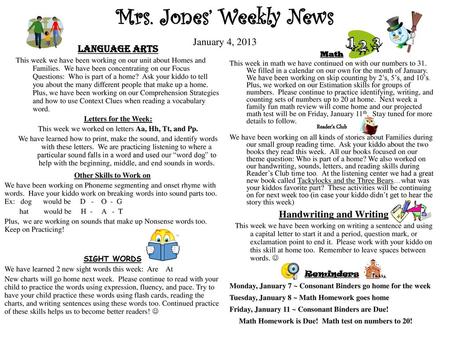Mrs. Jones’ Weekly News January 4, 2013