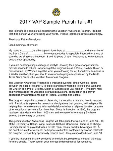 2017 VAP Sample Parish Talk #1