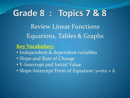 Review Linear Functions Equations, Tables & Graphs