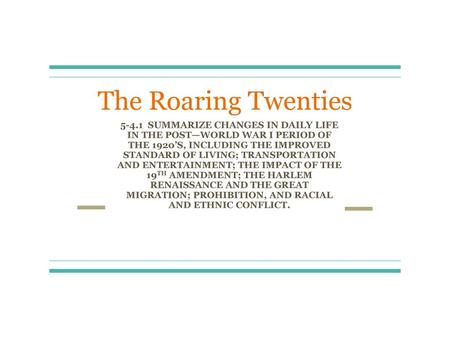 The Roaring Twenties 5-4.1 SUMMARIZE CHANGES IN DAILY LIFE IN THE POST—WORLD WAR I PERIOD OF THE 1920’S, INCLUDING THE IMPROVED STANDARD OF LIVING; TRANSPORTATION.