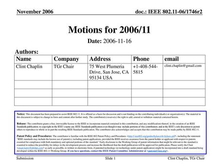 Motions for 2006/11 Date: Authors: November 2006 Month Year