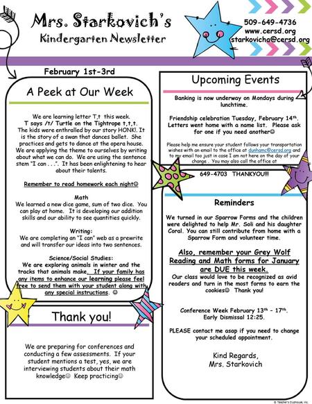 Mrs. Starkovich’s Thank you! Upcoming Events A Peek at Our Week