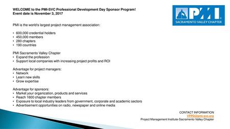 WELCOME to the PMI-SVC Professional Development Day Sponsor Program!