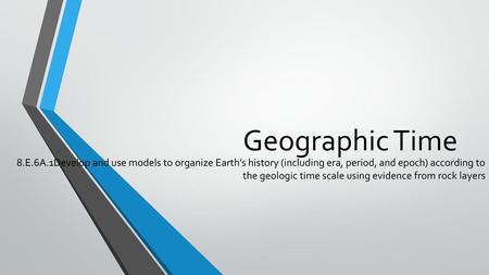 Geographic Time 8.E.6A.1Develop and use models to organize Earth’s history (including era, period, and epoch) according to the geologic time scale using.