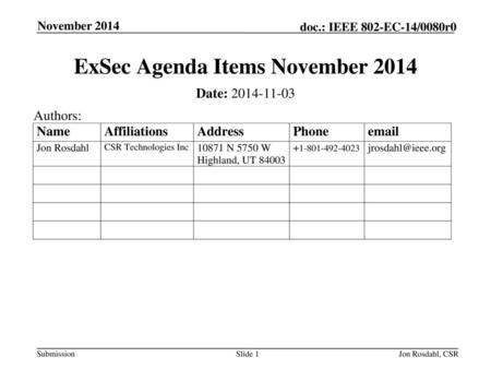 ExSec Agenda Items November 2014
