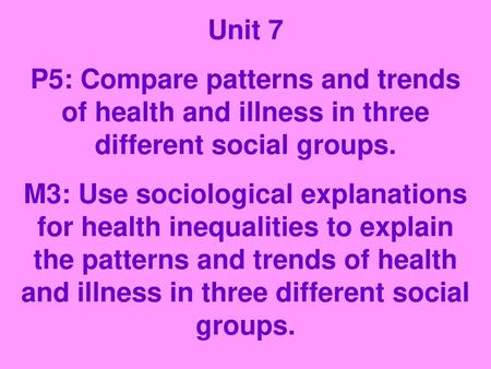 Unit 7 P5: Compare patterns and trends of health and illness in three different social groups. M3: Use sociological explanations for health inequalities.