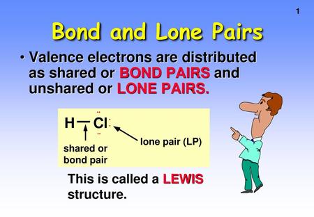 Bond and Lone Pairs Valence electrons are distributed as shared or BOND PAIRS and unshared or LONE PAIRS. • •• H Cl shared or bond pair lone pair (LP)