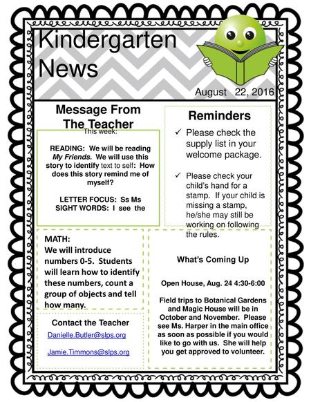 Kindergarten News Message From Reminders The Teacher August 22, 2016