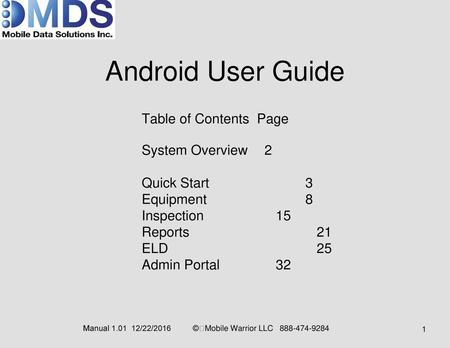 Android User Guide Table of Contents Page System Overview 2
