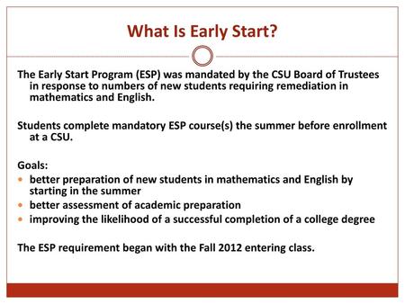 What Is Early Start? The Early Start Program (ESP) was mandated by the CSU Board of Trustees in response to numbers of new students requiring remediation.