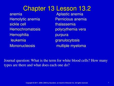 Chapter 13 Lesson 13.2 anemia Aplastic anemia Hemolytic anemia Pernicious anemia sickle cell thalassemia Hemochromatosis polycythemia vera Hemophilia purpura.