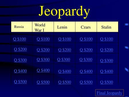 Jeopardy World War I Lenin Czars Stalin Q $100 Q $100 Q $100 Q $100