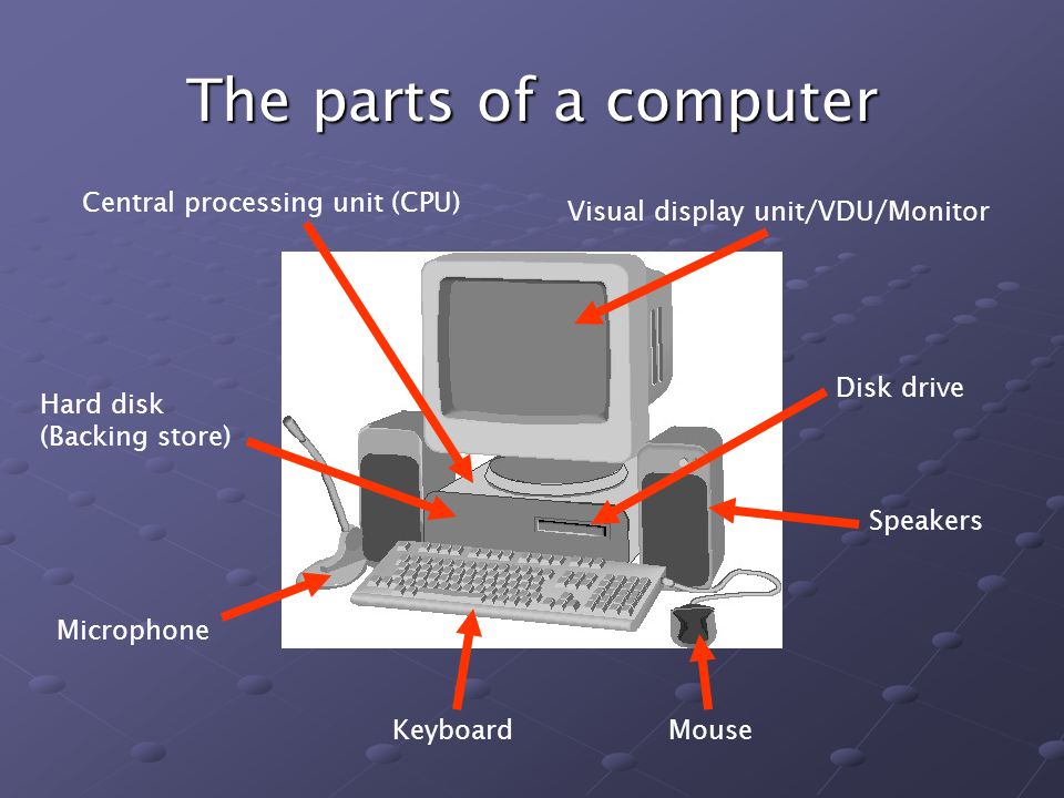 The parts of a computer KeyboardMouse Speakers Disk drive Visual display  unit/VDU/Monitor Central processing unit (CPU) Hard disk (Backing store)  Microphone. - ppt download
