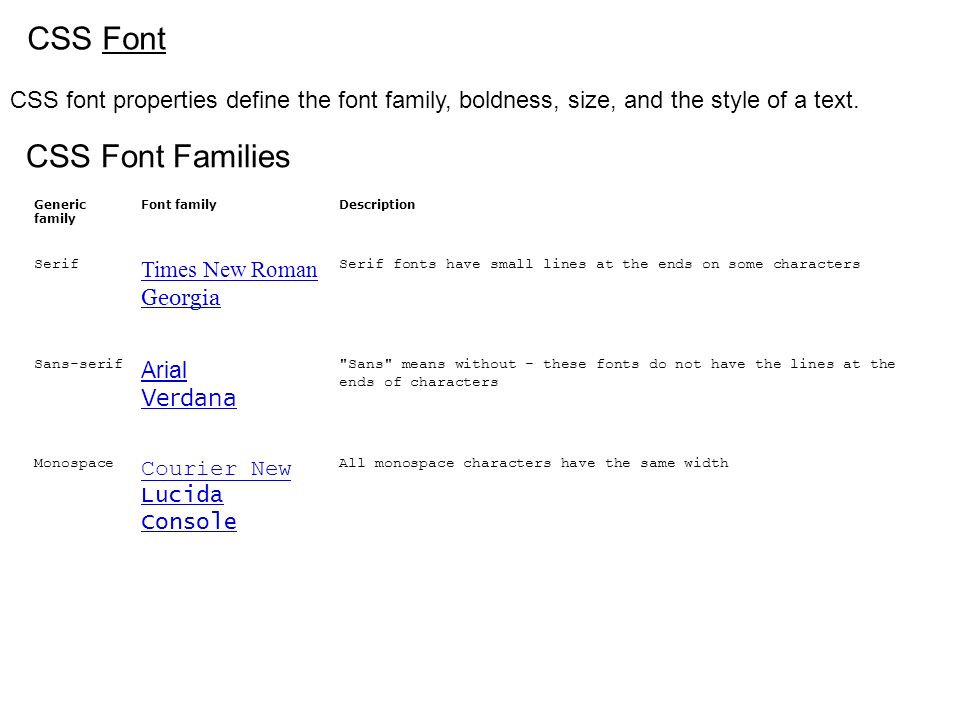 CSS Font CSS font properties define the font family, boldness, size, and  the style of a text. CSS Font Families Generic family Font  familyDescription Serif. - ppt download