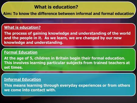 Aim: To know the difference between informal and formal education