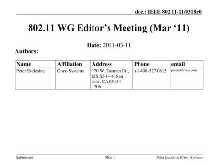 WG Editor’s Meeting (Mar ‘11)
