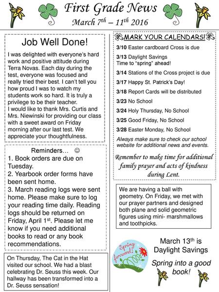 First Grade News March 7th – 11th 2016