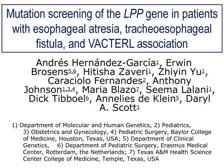 Mutation screening of the LPP gene in patients with esophageal atresia, tracheoesophageal fistula, and VACTERL association Andrés Hernández-García1, Erwin.
