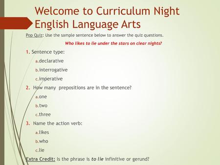 Welcome to Curriculum Night English Language Arts