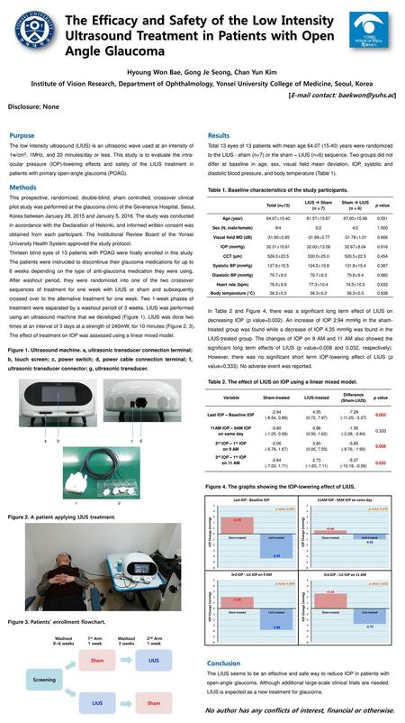 The Efficacy and Safety of the Low Intensity Ultrasound Treatment in Patients with Open Angle Glaucoma Hyoung Won Bae, Gong Je Seong, Chan Yun Kim Institute.