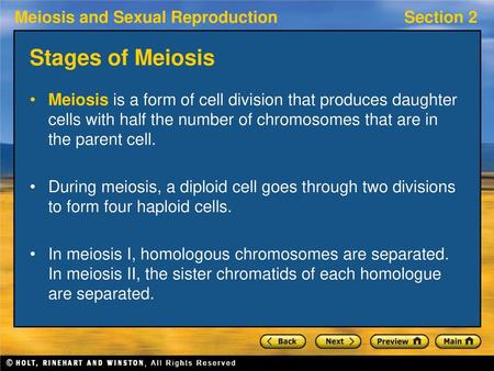 Stages of Meiosis Meiosis is a form of cell division that produces daughter cells with half the number of chromosomes that are in the parent cell. During.