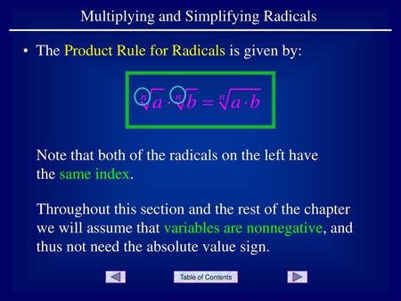Multiplying and Simplifying Radicals