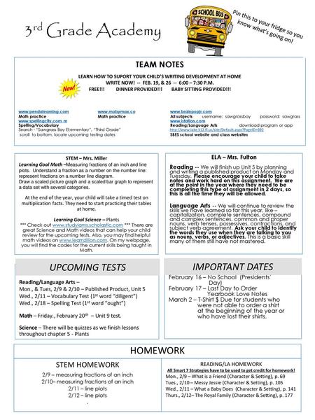 3rd Grade Academy UPCOMING TESTS IMPORTANT DATES HOMEWORK TEAM NOTES