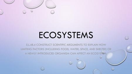 Ecosystems 5.L.4B.4 Construct scientific arguments to explain how limiting factors (including food, water, space, and shelter) or a newly introduced.