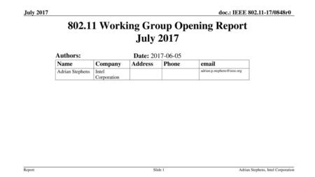 Working Group Opening Report July 2017