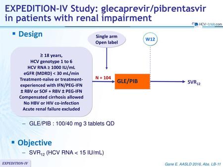 Design Single arm Open label W12 ≥ 18 years, HCV genotype 1 to 6