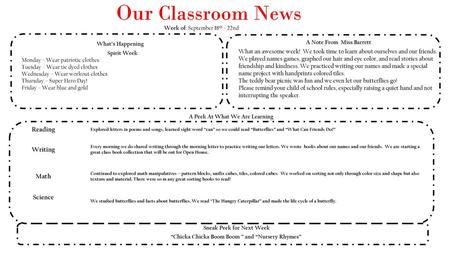 Our Classroom News Reading Writing Math Science