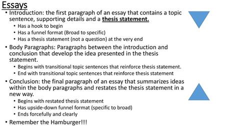 Essays Introduction: the first paragraph of an essay that contains a topic sentence, supporting details and a thesis statement. Has a hook to begin Has.